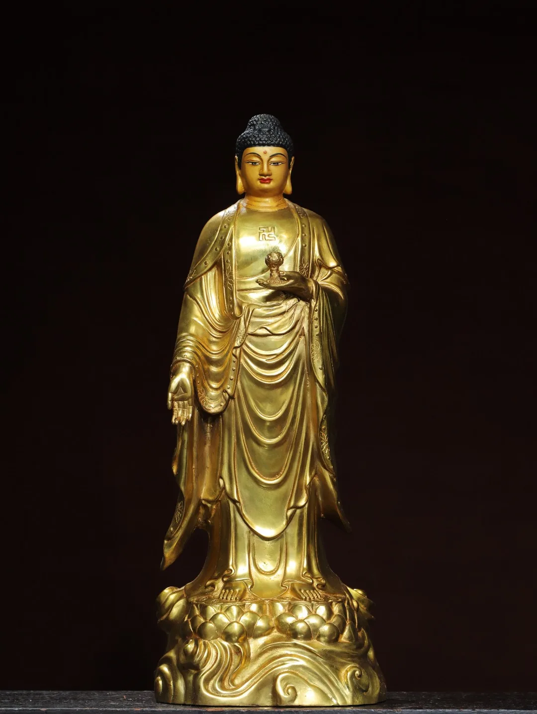 14inch Old Bronze Gilded Cinnabar Shakyamuni Lotus Terrace Sitting Buddha Amitabha Buddha Worship Hall