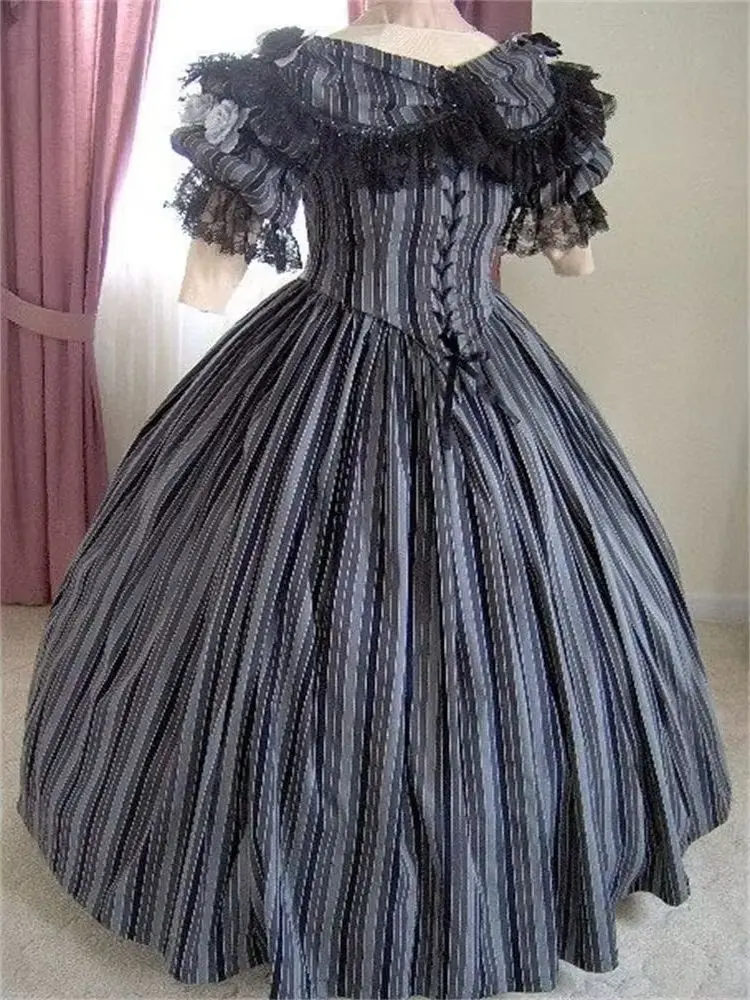 

Historical Vintage Victorian Edwardian Civil War Era Rococo Ball Gown Marie Antoinette Baroque Black White Stripes Prom Dress