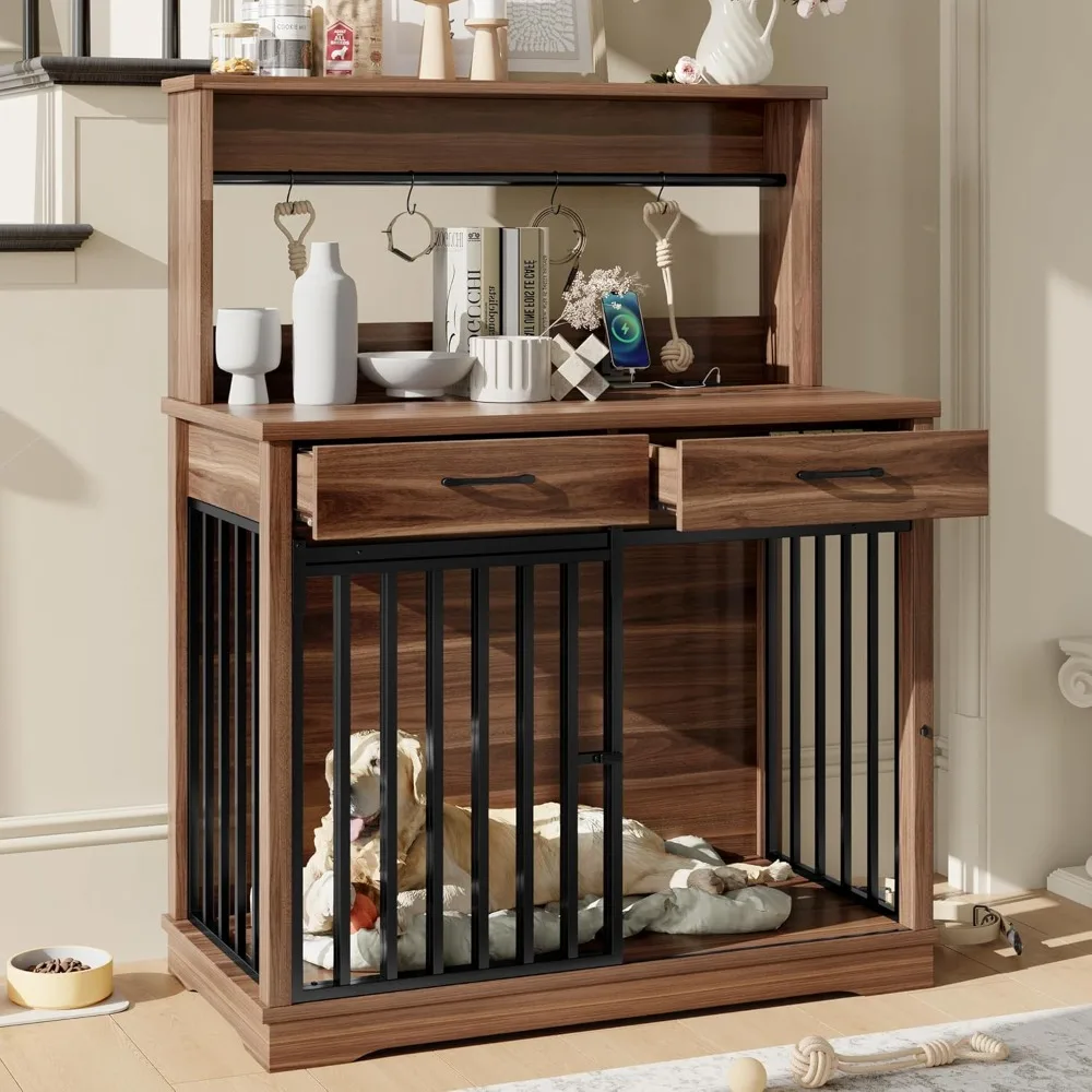 

38" Furniture Style Dog Crate, Heavy Duty Dog Cage Table with 2 Storage Drawers and Shelves, Side End Table with Sliding Door fo