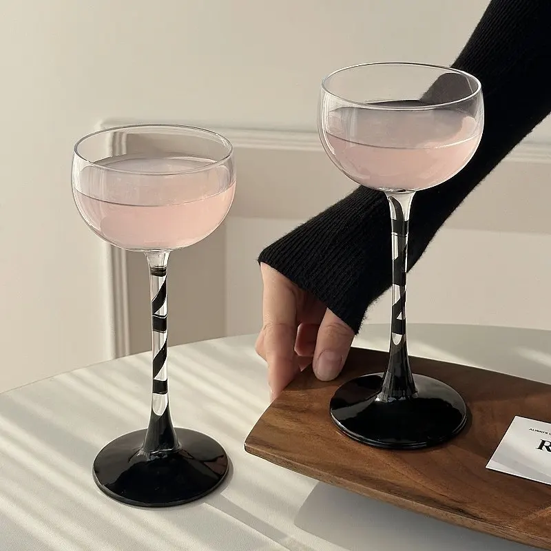 Summer Black Ribbon Design Goblet Light Luxury Transparent Glass Cocktail Cups Party Creative Juice Drink Cup 130ml