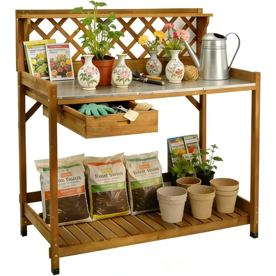 Outdoor Garden Potting Bench with Metal Tabletop, Weatherproof Wooden Potting Table with Metal Hooks, Sliding Drawer, Large Ope