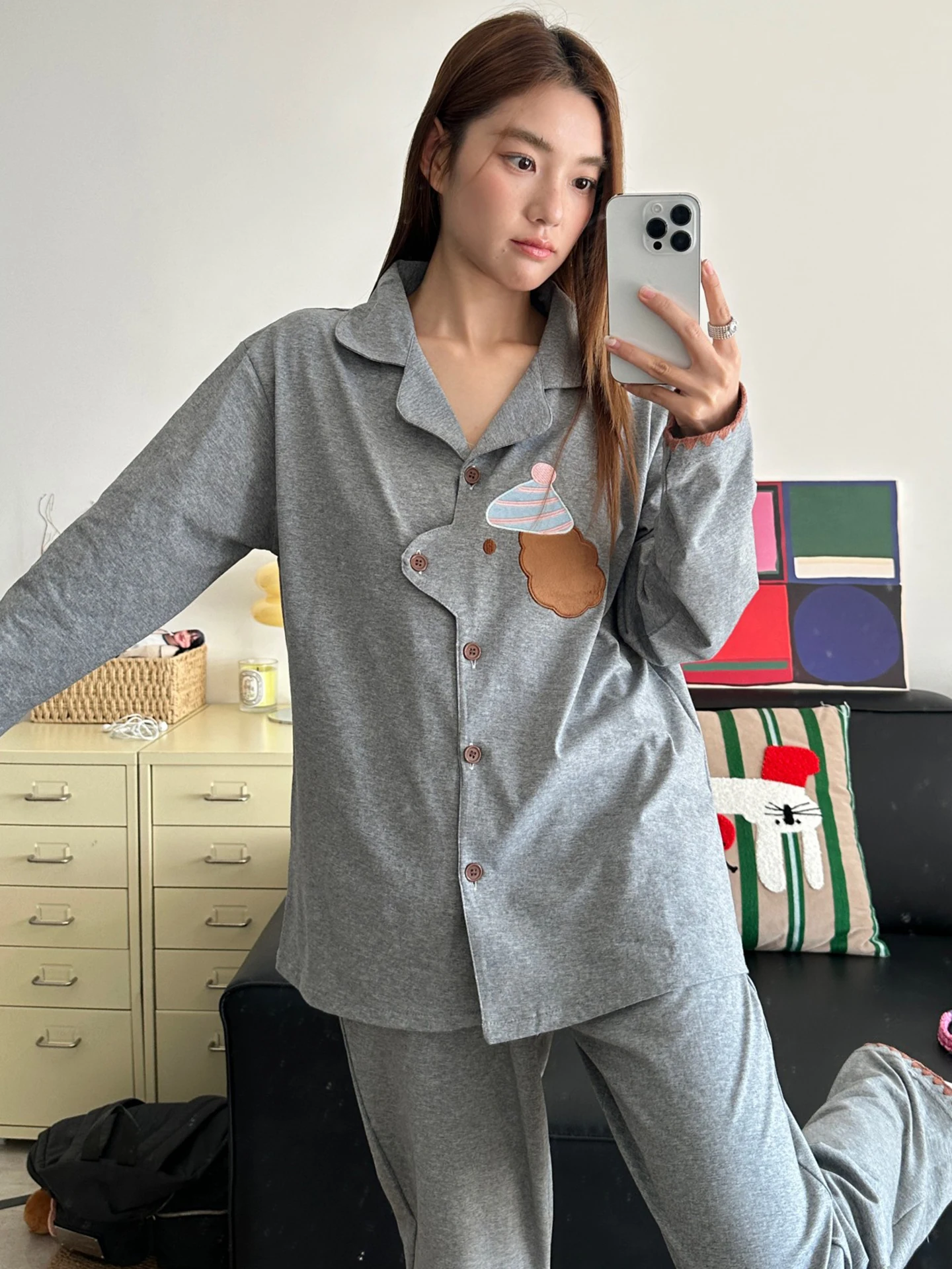 

Милый мультяшный комплект домашней одежды из чистого хлопка с длинными рукавами для женщин: свободные, удобные брюки прямого кроя для весны и осени