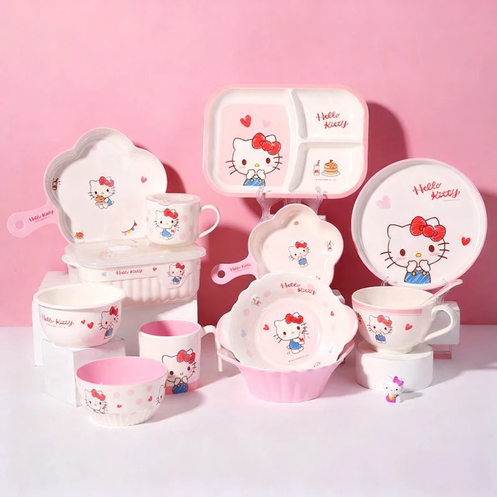 Hello Kitty Cute Oatmeal Coffee Cup Cartoon Tableware Children's Bowl Sanrio Dinner Plate Food Bowl Fruit Cake Plate for Home