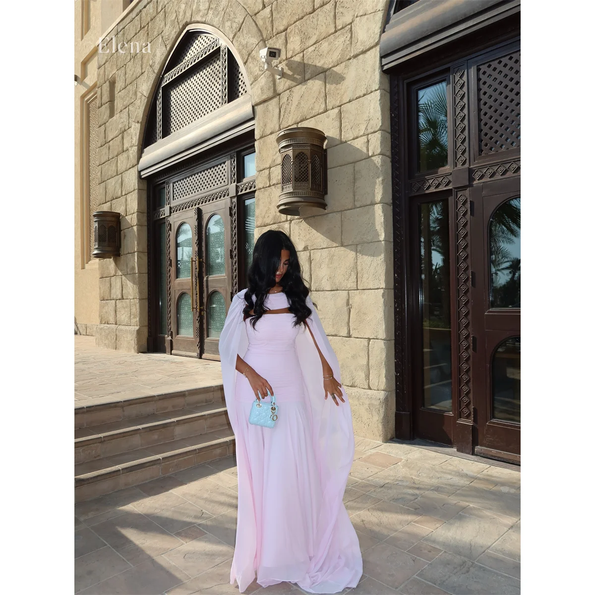 Elena Chiffon High Pink A-Line Elegant Evening Gown Neck Chest Cutout Detail Flowing Sheer Ruched Robes De Soirée Customized