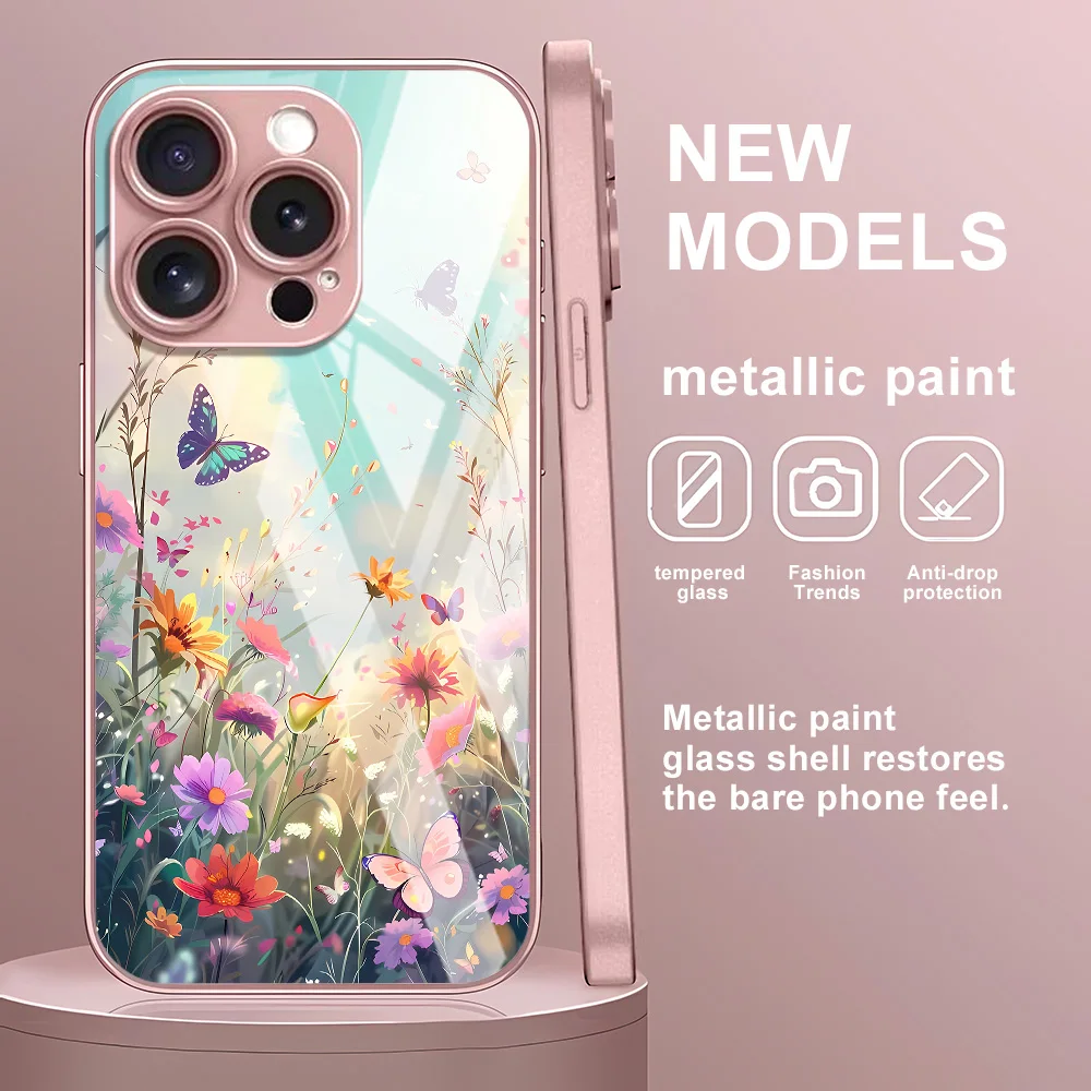 Custodia per telefono fiore carino per iPhone 17 14 15 13 11 12 16 Pro Max 17 Air 16E SE XR 7 8 Plus copertura paraurti antiurto in vetro temperato