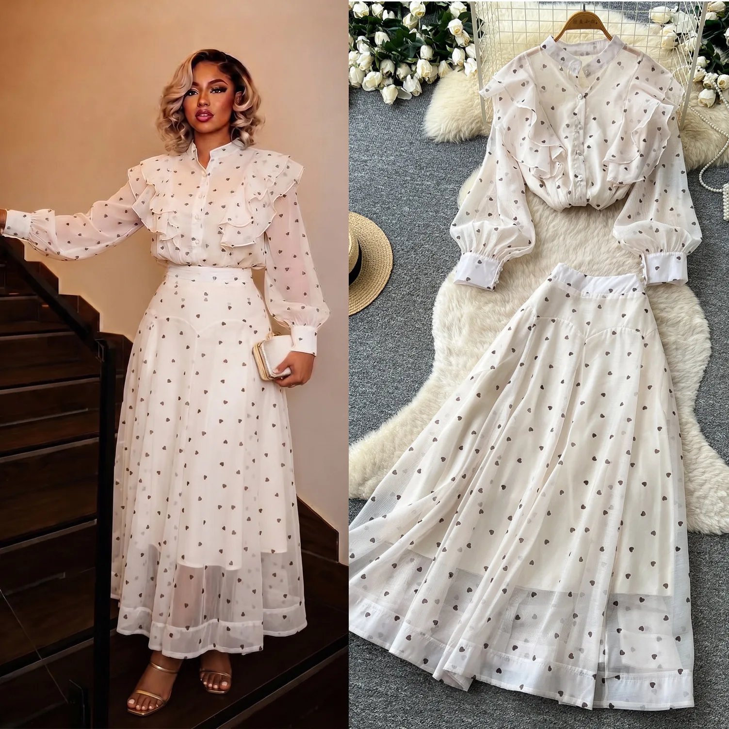 Fall Elegant Women Heart Print 2 Piece Outfit, Ruffle Long Sleeve Stand Collar Shirt & Maxi Skirt Set, Sheer Mesh Matching Suit