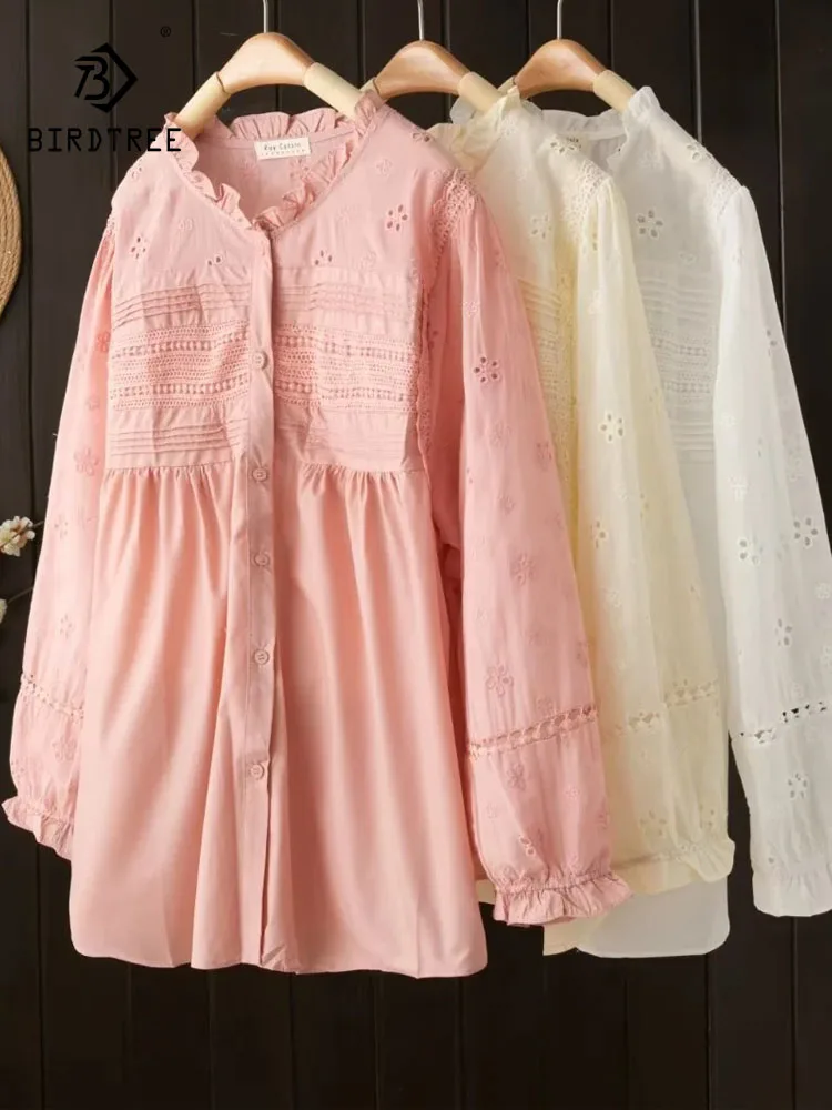 

New 2026 Spring Cotton Long Sleeve Shirt, Women Stand Ruffles Hollow-out, Mori Girl French Design Sense Loose Blouse T5D554CC