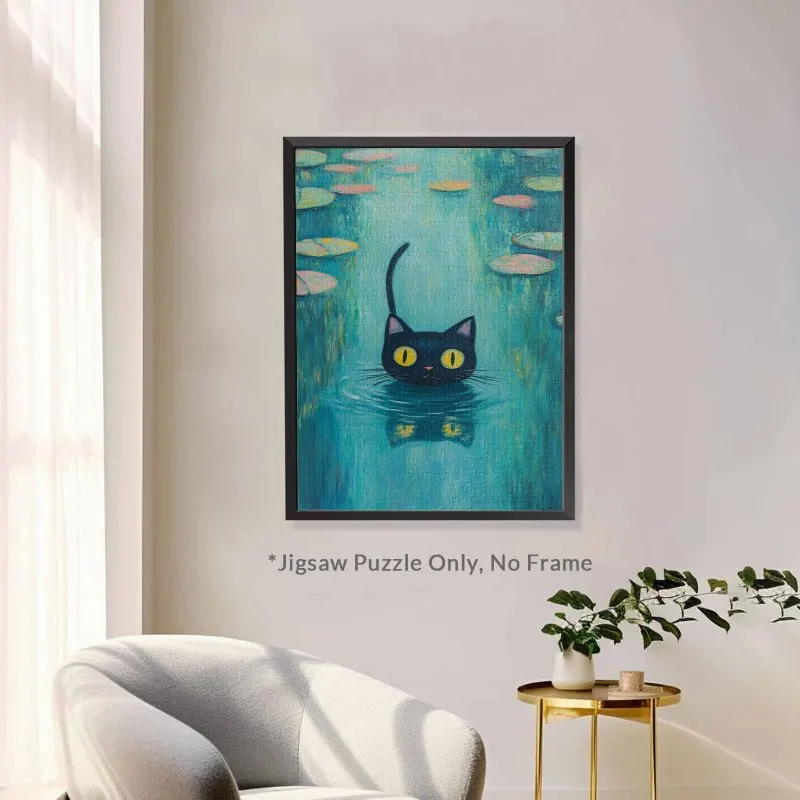 Quebra-cabeça de 500 peças para adultos - Gato preto em nenúfares, arte impressionista caprichosa Quebra-cabeça