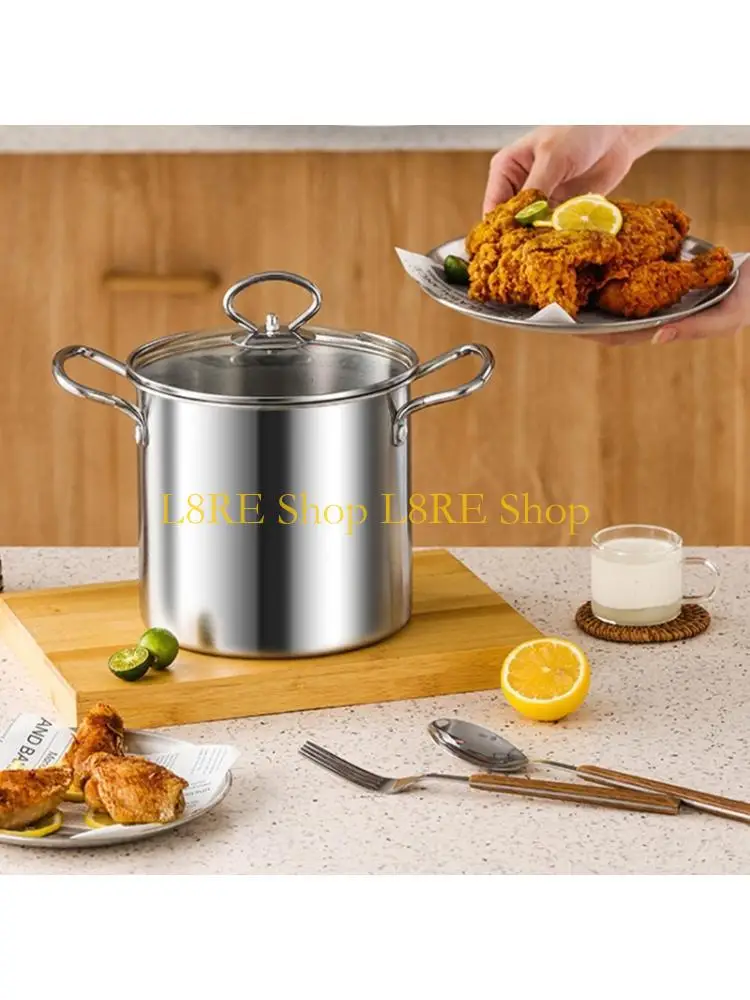 L8RE 3 Quart Stainless Steel Frying Pot Even Heating Basket Strainer Rack Glass Lid Stovetop Safe