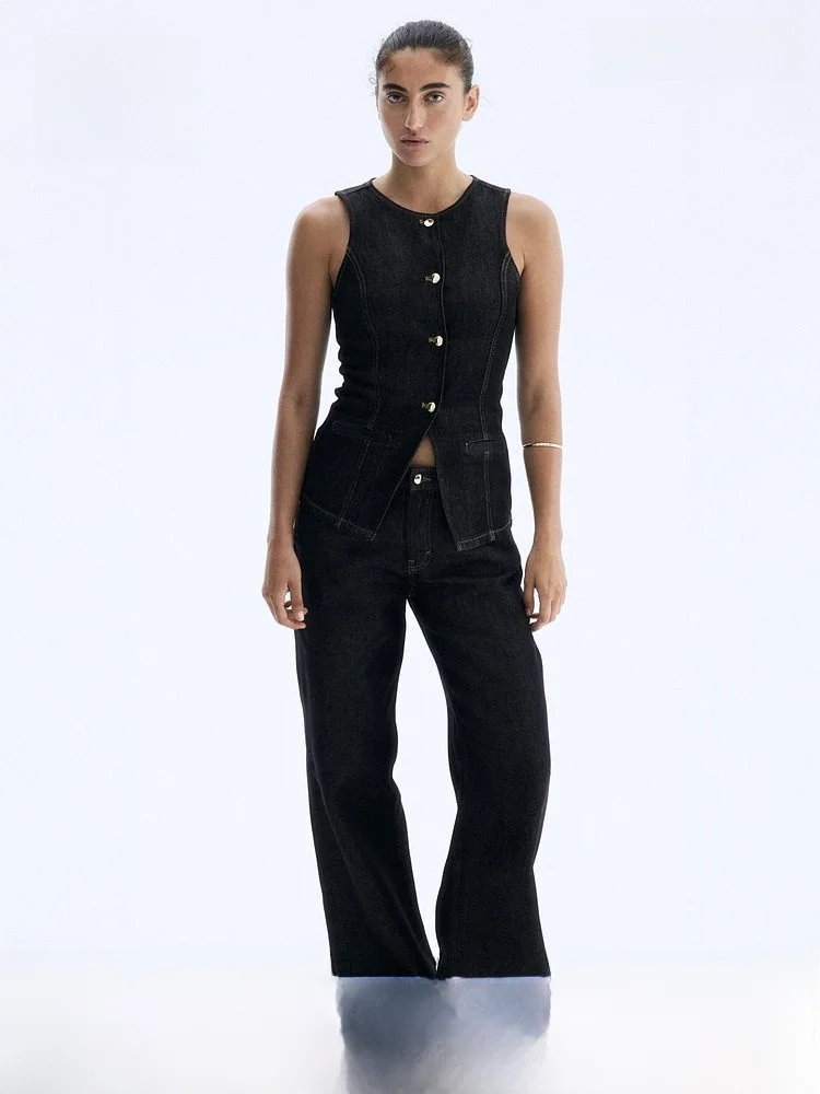 

H&M Winter Women's Denim Suit Jaet 308496 Cotton Lenzing Fiber Blend Faionable Casual Sle Ladies Vest Top Quali