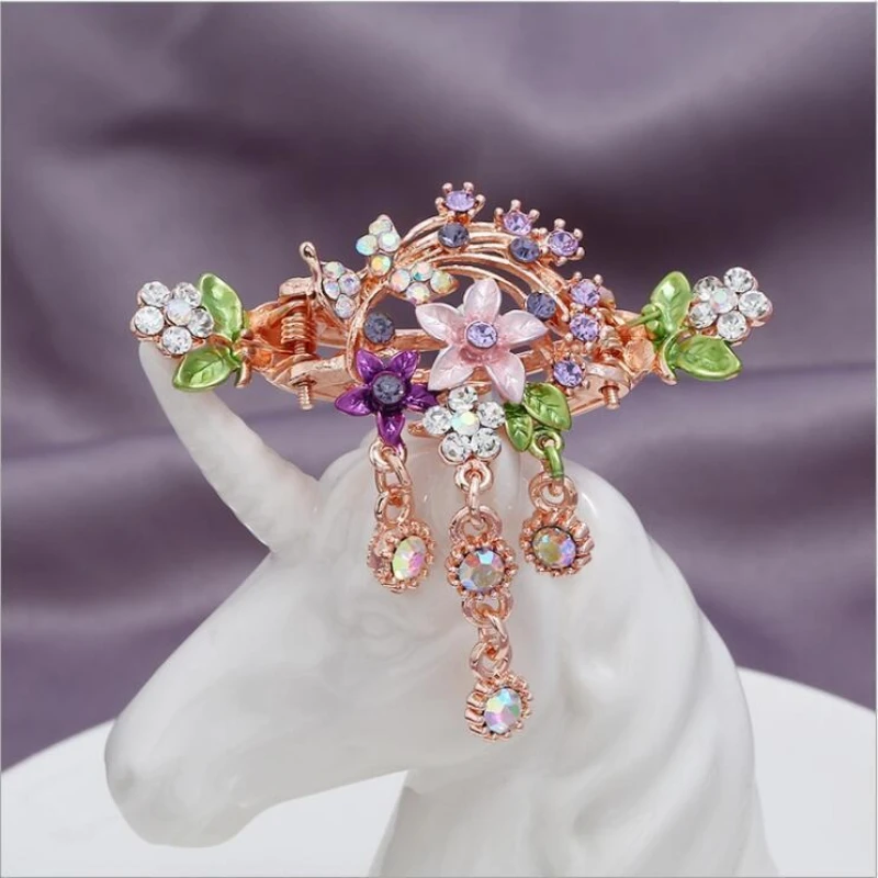 

Women Girls New Headwear Multicolored Tassels Rhineston Flower Trendy Crab Hair Clip Hairpins Female Headdress Headband