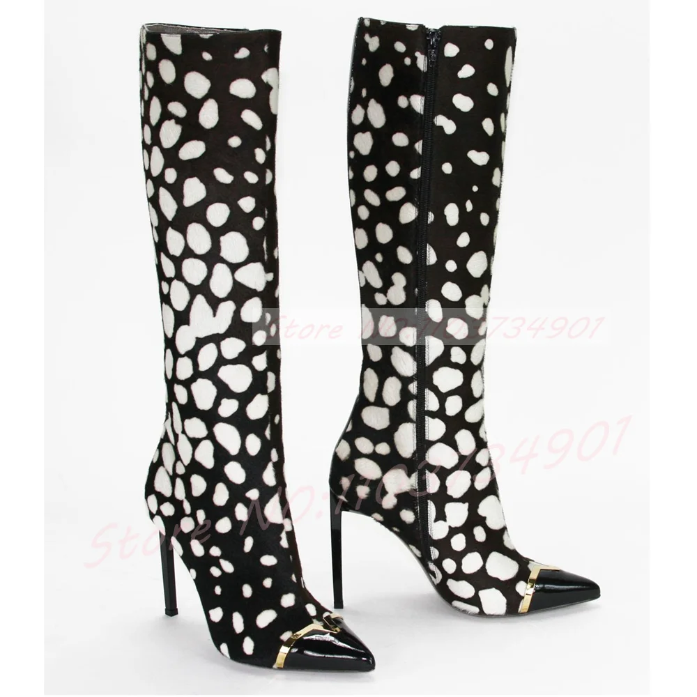 Polka Dots Animal Patterns Knee High Boots Women Suede Pointed Toe Patent Gold Decor Dalmatian Spot Boots Party High Heels Shoes