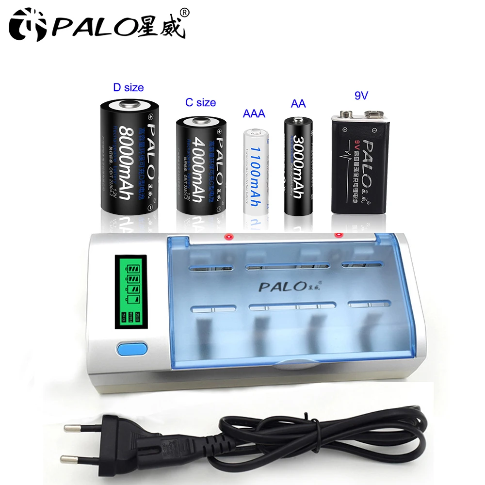 PALO Multifunction Smart Battery Charger For 1.2V Ni-MH AA AAA C D Size 9V Rechargeable Battery 8 Slot LCD Display Quick Charger