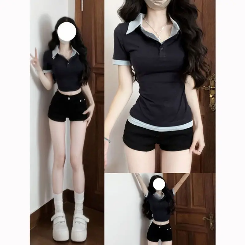 تي شيرت نسائي صيفي من American Sle ort Sve Ne مقاس نحيف بطول ort oulder عصري علوي للرطوبة لون نقي #1