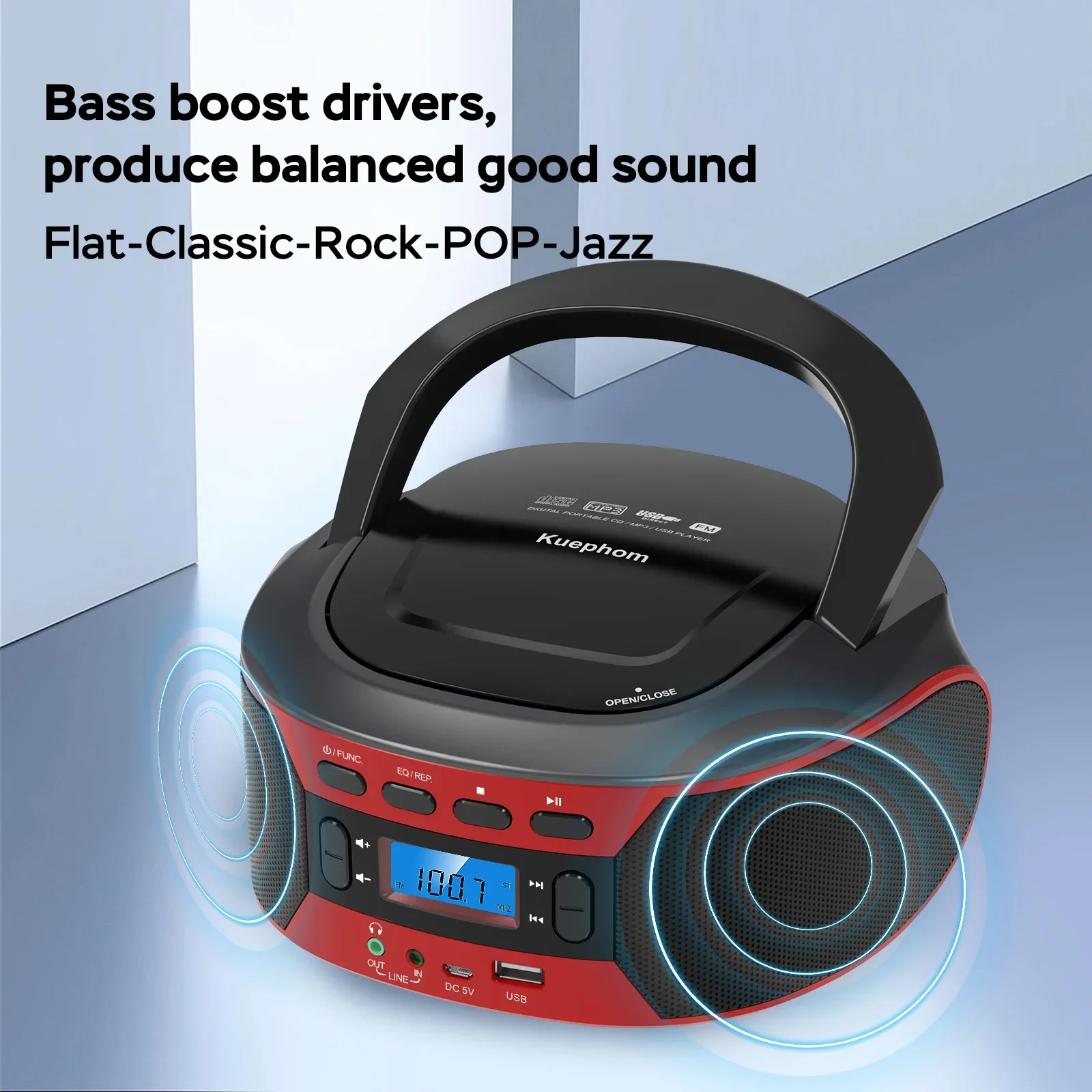 CD Radio Boombox with Bluetooth and USB Portable CD Player with EQ, AC and DC Power, Backlit Digital Display