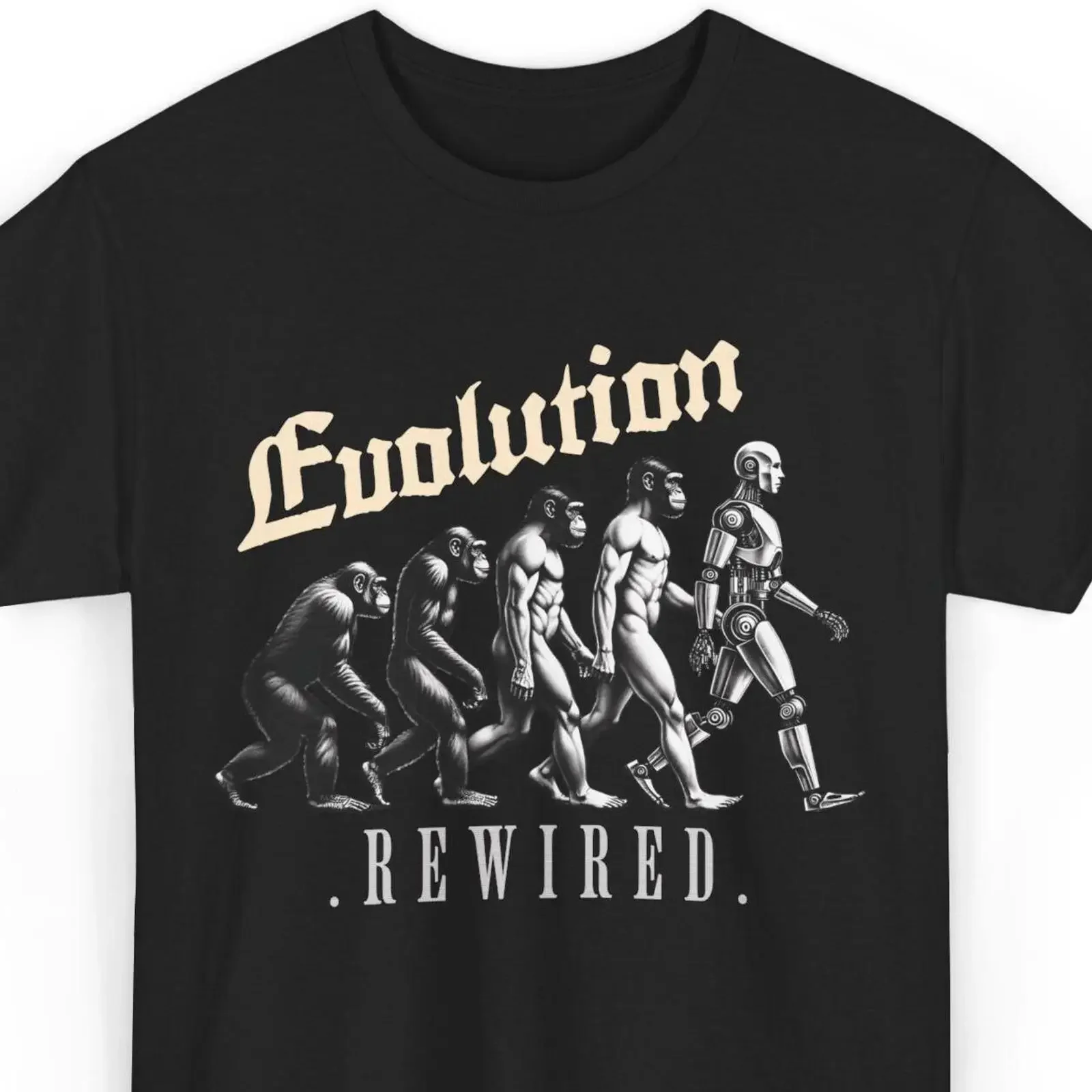 T-shirt Evolution Rewired : Design Futuriste de l'Homme de l'Animaux aux Robots, Effet Délavé Vintage, Tissu Doux et Élégant, Unisexe, Idéal pour le Quotidien