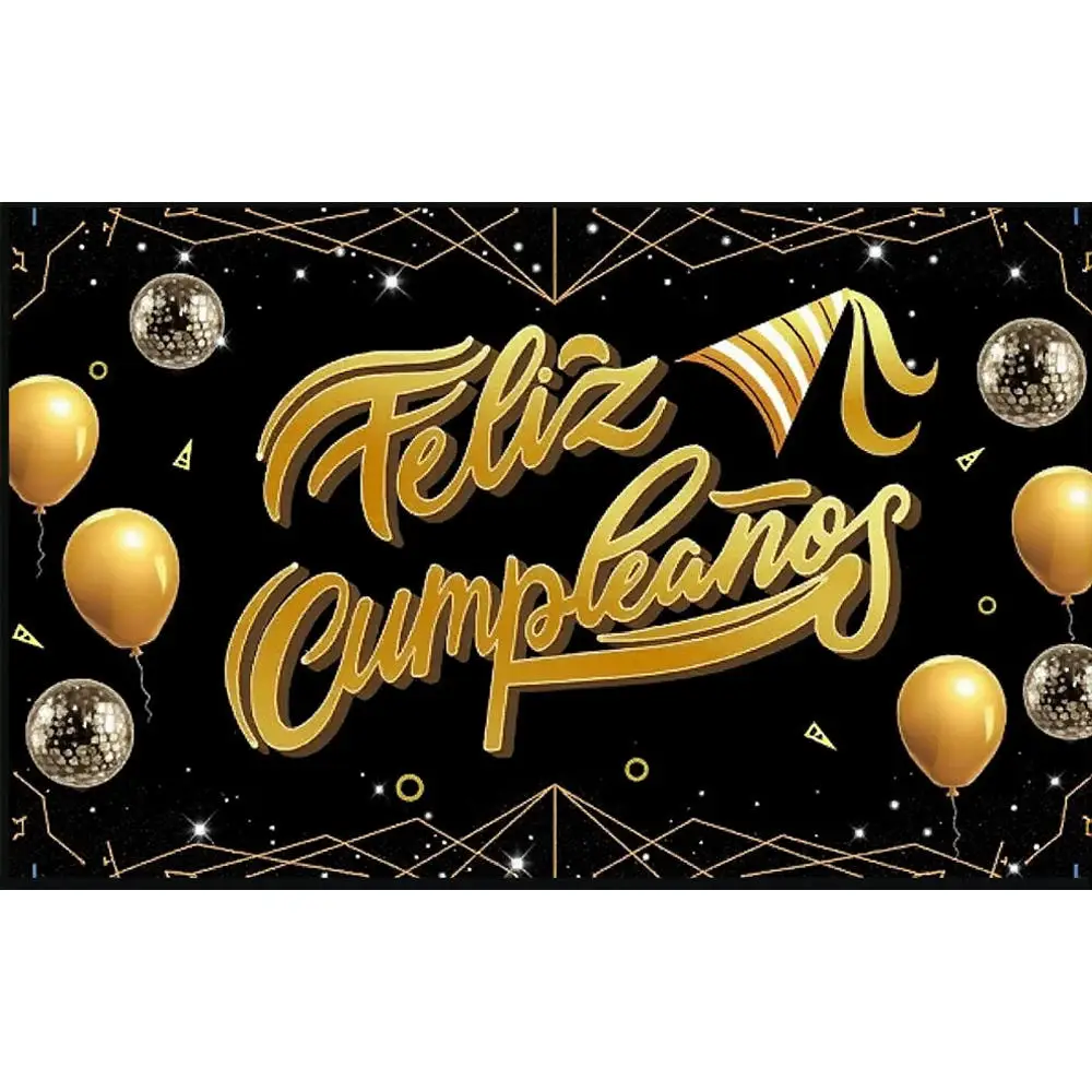 Feliz cumpleaños Spanish Birthday Background Black Gold Balloons Birthday Party Scene Decoration Banner Adult Photo Backdrops