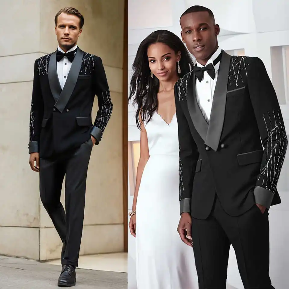 Gorgeous Man Tuxedos Slim Fit Beaded 2 Piece Set Wedding Suit Design Blazer Pants Evening Groom Wear For Party Prom Customized