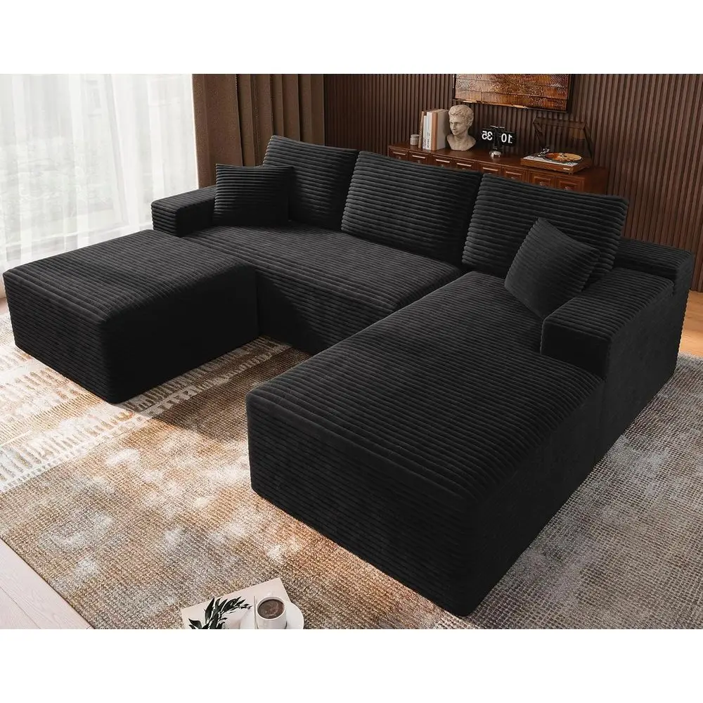 

3-Piece Modular Sectional Sofa, Cloud-Inspired Design, Right Chaise with Ottoman, Plush Deep Seat, Corduroy Fabric, Black Living