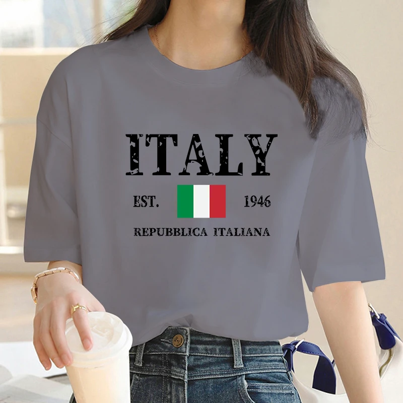 Italian Letter Printed Summer New Men's and Women's High-Quality Cotton T-Shirt Women Round Neck Short-Sleeved Casual Top