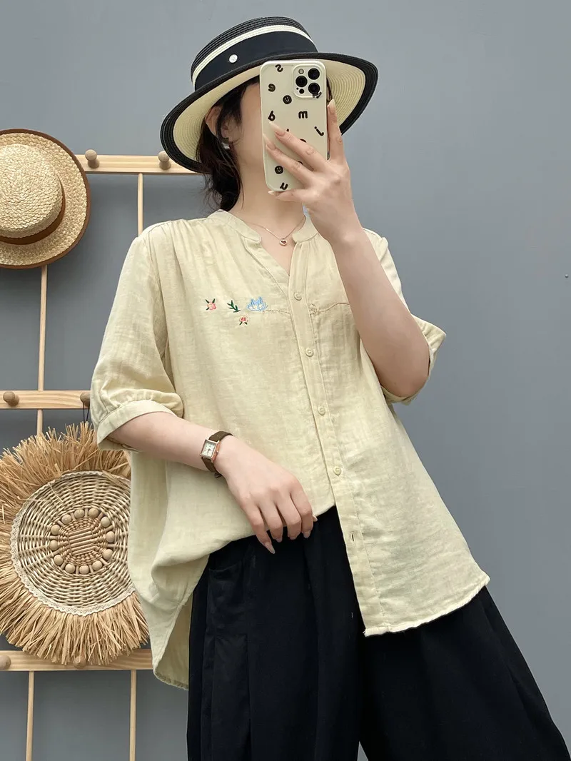 New 2025 Autumn Cotton Yarn Half Sleeve Shirt, Women V Neck Embroidery, Mori Girl Versatile Comfortable Loose Blouse T56290CC
