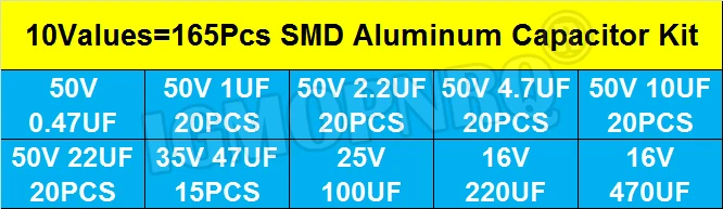 165PCS SMD Aluminum Electrolytic Capacitor Assorted Kit Set Samples Kit 0.47uF 1uF 2.2uF 4.7uF 10uF 22uF 47uF 100uF 10Values