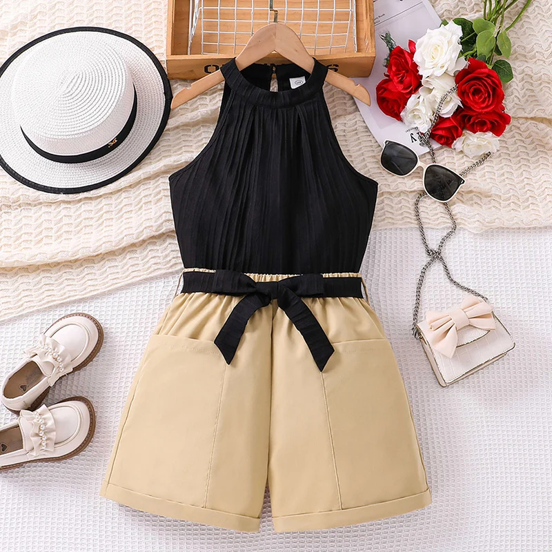 

Kids Suits Girls Black Sleeveless Top And Khaki Shorts & Belt Two Piece Casual Style For 8-12 Years Vacation Daily Clothes