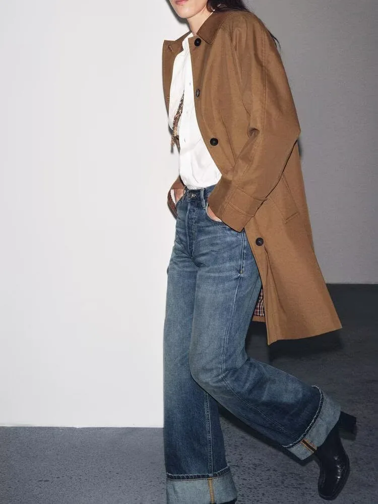 Elegancki długi płaszcz jesieni 2025, damski płaszcz z wysokiej półki z kołnierzem, płaszcz o średniej długości, osobowość.