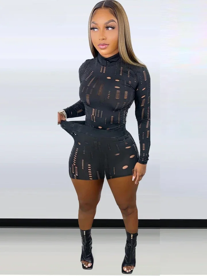 

Hole Active Women Set Long Sleeve T-shirt and Shorts Suit Sport Tracksuit Two Piece Set Fitness Outfit Black Tracksuit