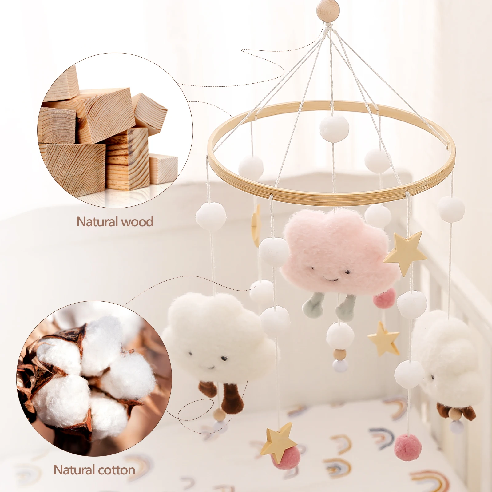 Wooden Baby Mobile Holder Arch, Upgraded with Crochet Hanging Rattle Toys, Newborns 0-12 Months, Baby Shower Gift