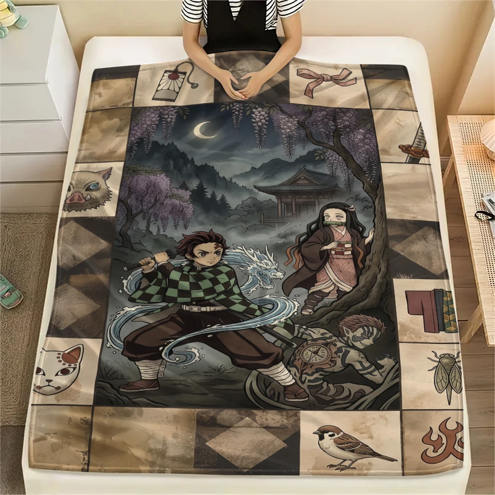 Warm Print Flannel Blanket Demon Slayer Theme Comfortable Throw for Bed Couch Sofa Chair Travel Picnic All-season-Xin