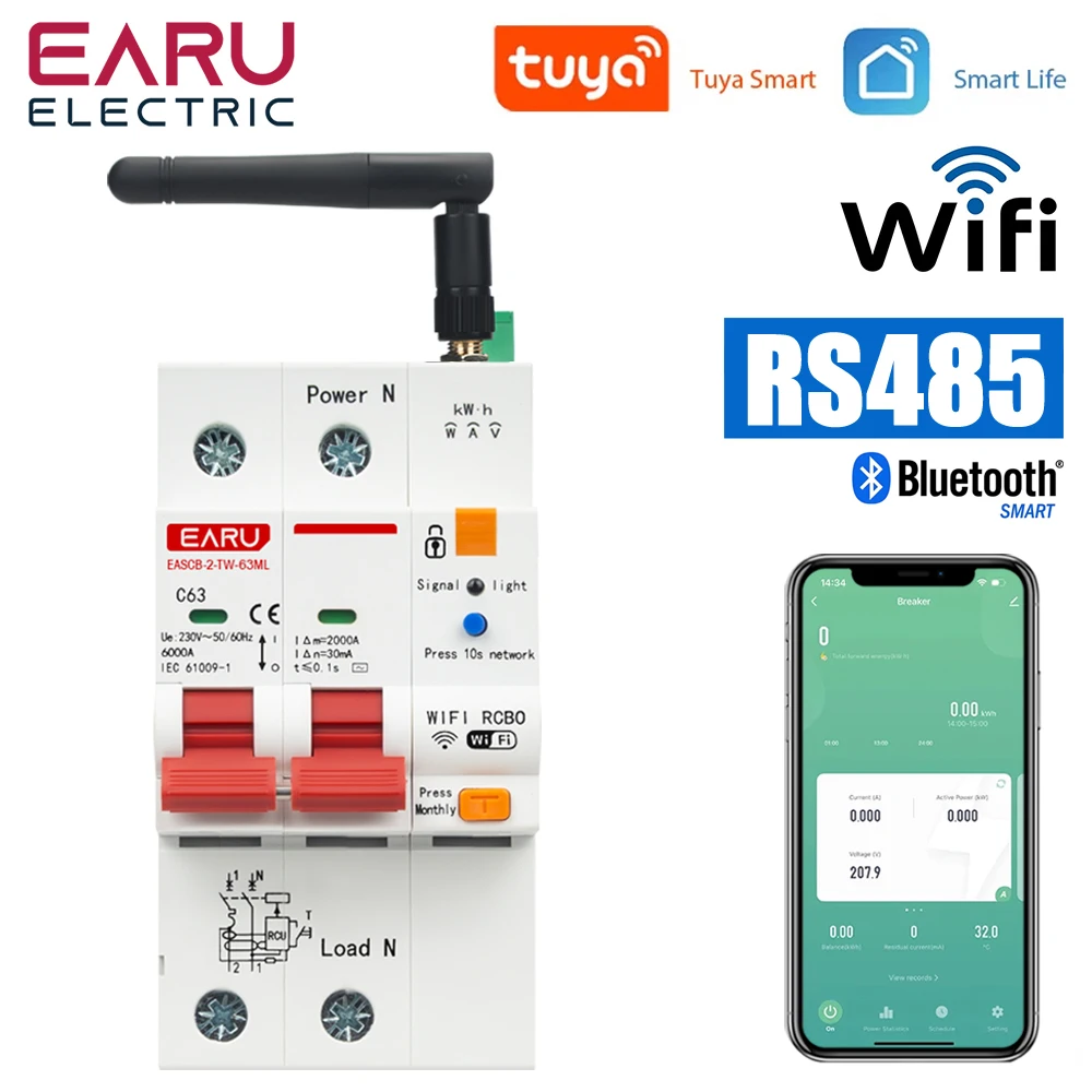 

Tuya Smart WiFi+RS485 Metering Leakage Circuit Breaker MCB RCBO AC230V Remote Control Circuit Breaker With Leakage Protection
