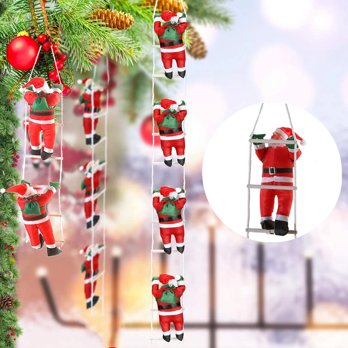 Ladder climbing santa claus figurine ornament - christmas holiday atmosphere window decoration for living room and bedroom decor