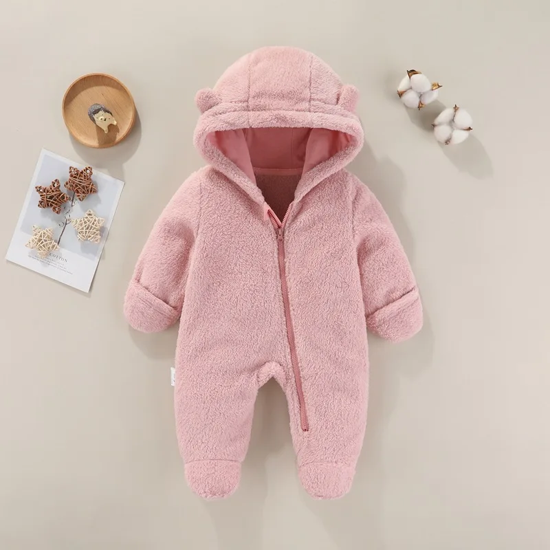 Autumn Winter Newborn Girls Rompers Bear Ears Hooded Solid Thicken Warm Plus Velvet Baby Girls Bodysuit Infant Girls Jumpsuit