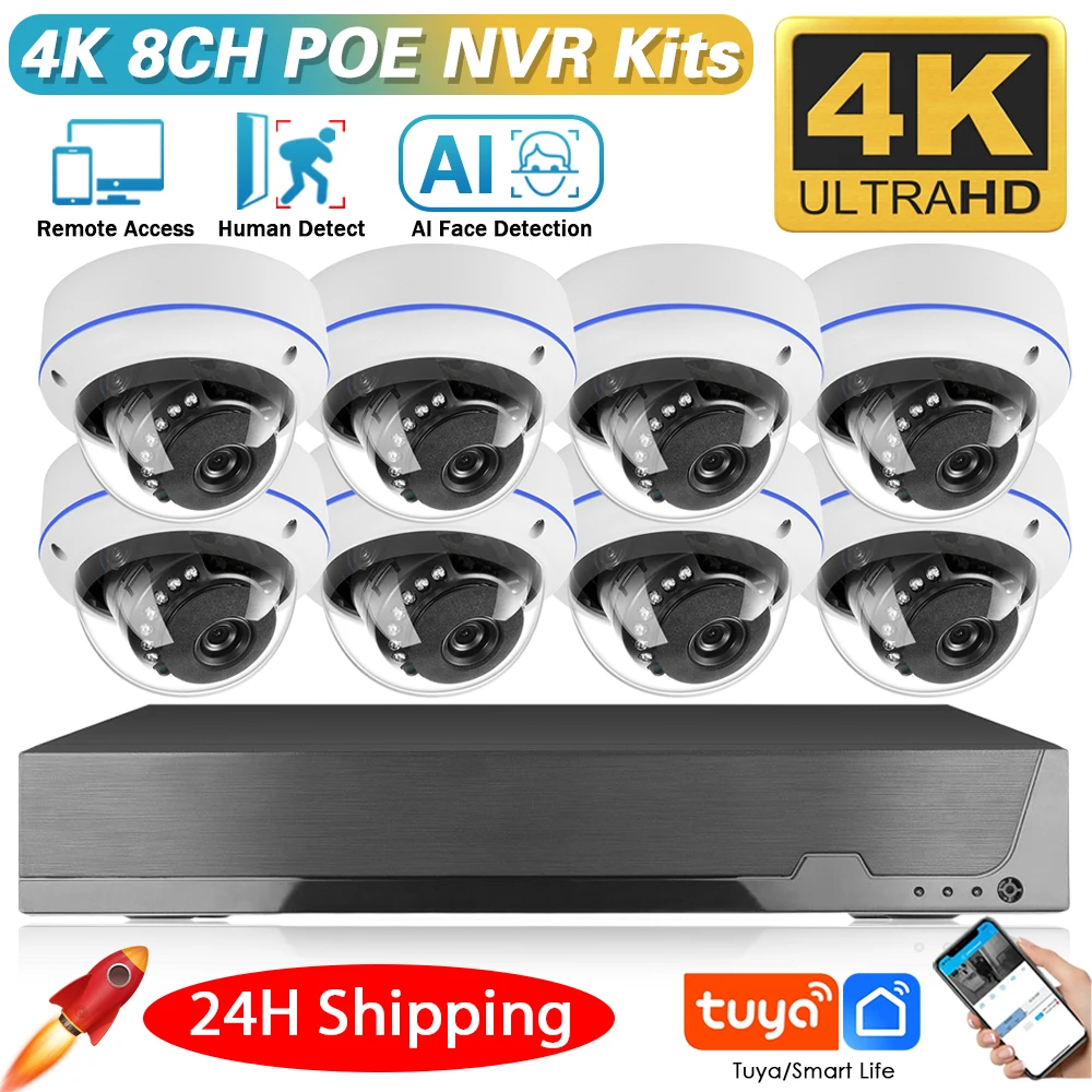 Tuya 4K 4CH POE NVR Kit Outdoor Waterproof CCTV Security Camera System Audio Record IP Dome Camera Video Surveillance System 8CH