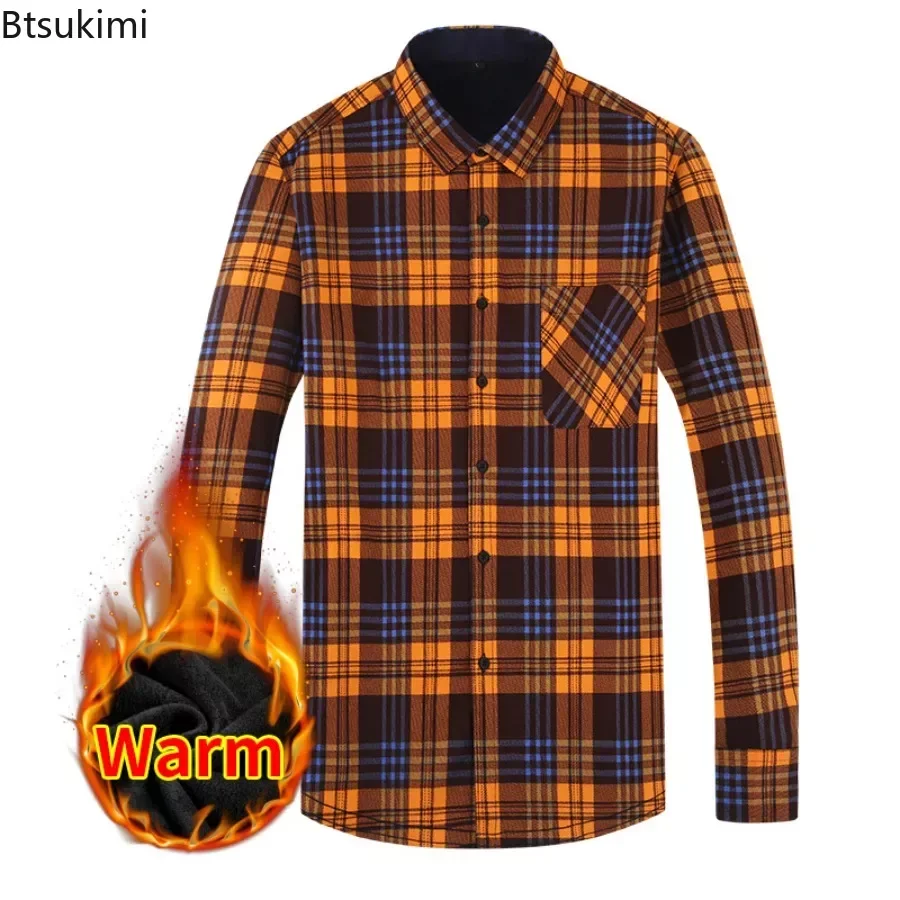 2024 Men's Winter Warm Long Sleeve Plaid Shirts Pocket Design Thicker Fleece Casual Shirts Male Club Party Shirts for Men Shirts