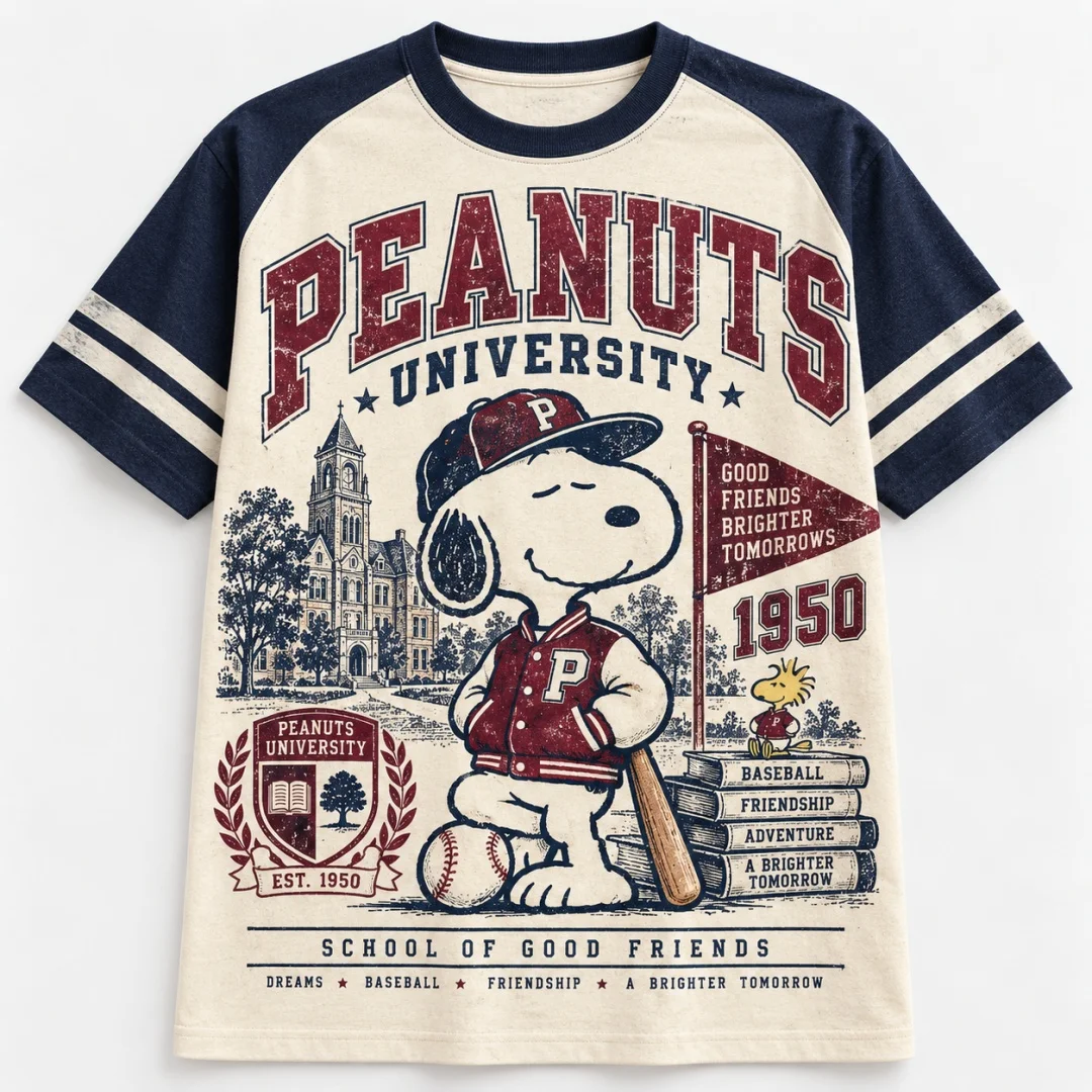 Snoopy Peanuts University Vintage Grafik-T-Shirt, Retro College Raglan-Streifen, Kurzarm, Kinder-T-Shirt, Unisex, Sommer, Freizeit-Oberteil – Detail 2