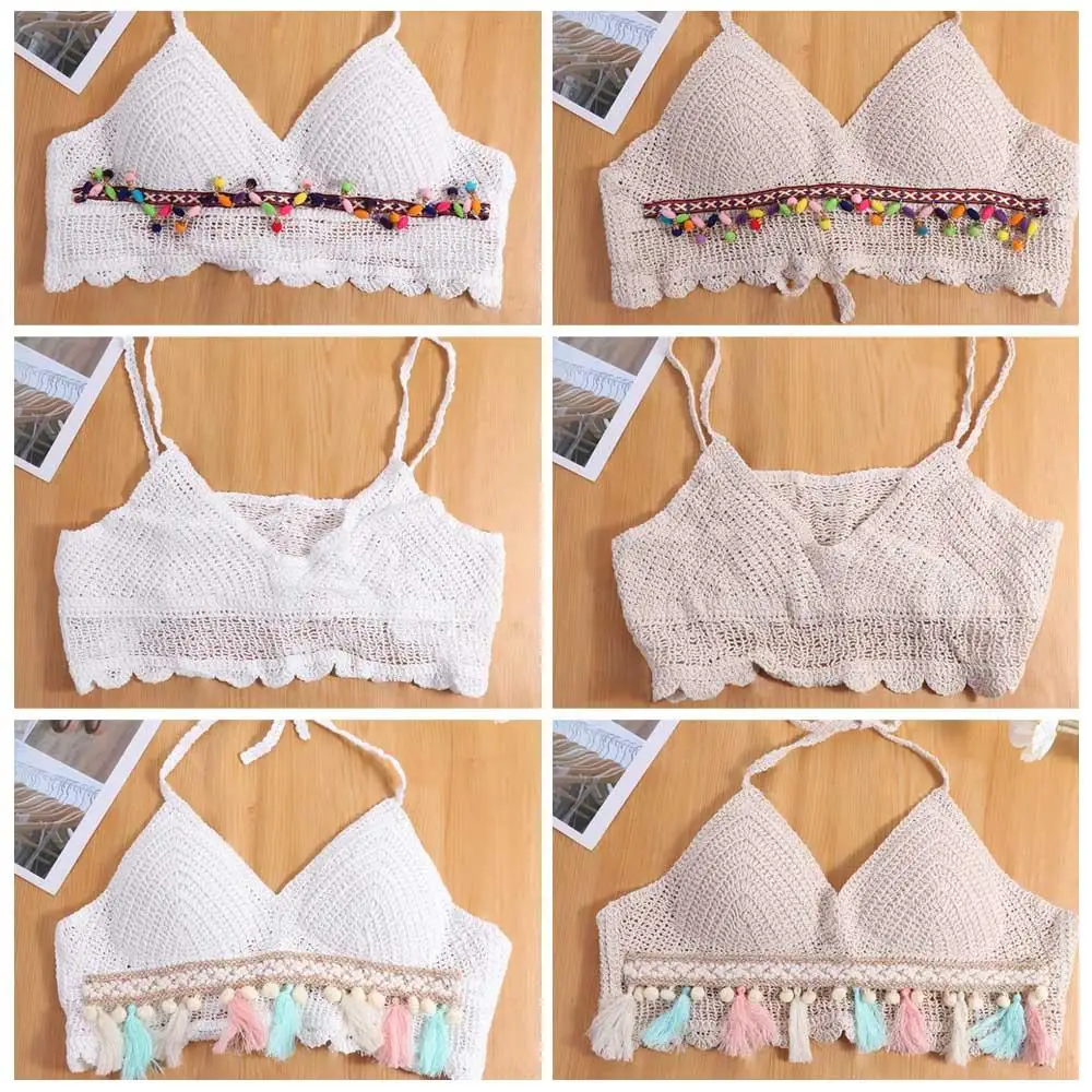 Summer Sleeveless Female Crochet Camisole V Neck Short Bohemian Style Vest Tassel Hot Tops Knitting Crop Tops Girls