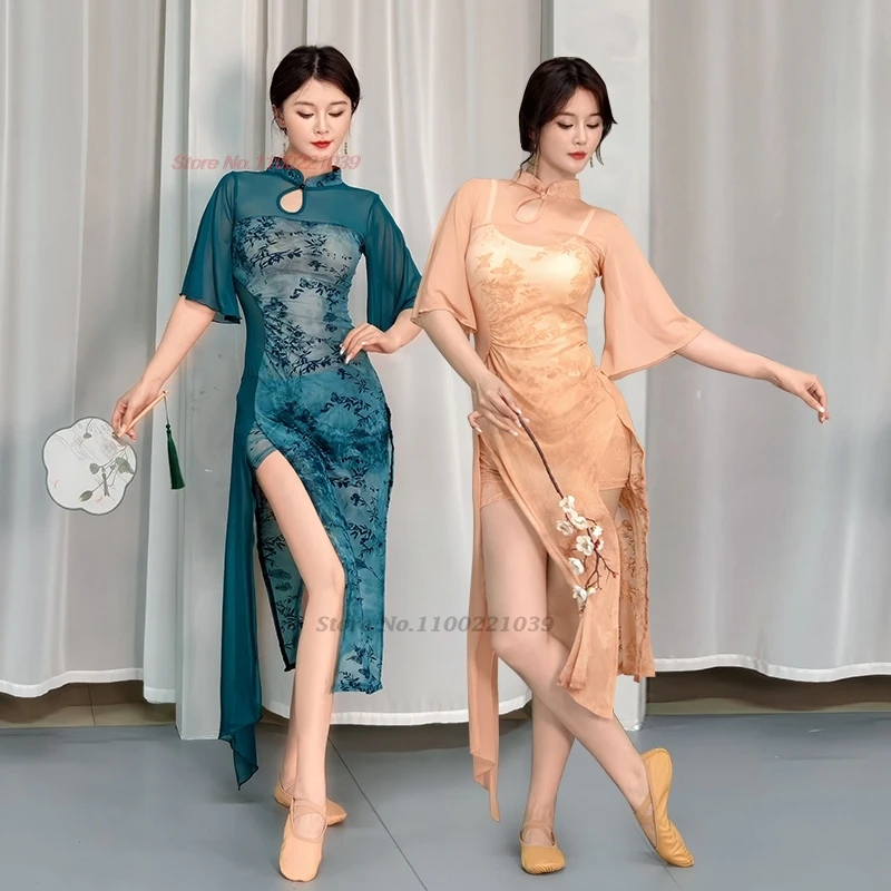 

2026 chinese vintage folk dance costume flower print mesh qipao cheongsam vintage chiffon dress training stage performance dress