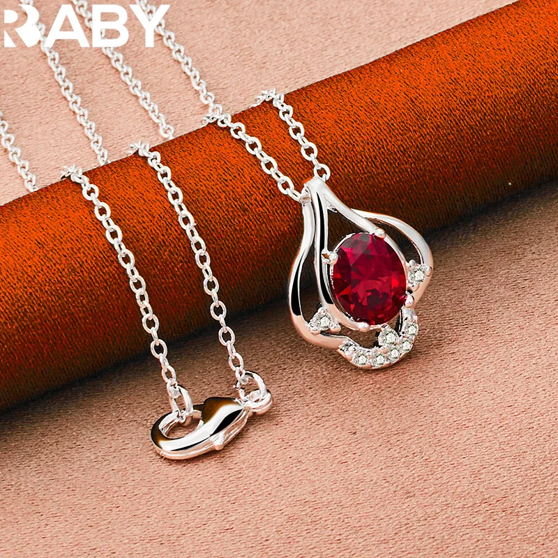 

URBABY 925 Sterling Silver 16-30 Inch Chain Red AAAAA Zircon Pendant Necklace For Women Wedding Engagement Party Charm Jewelry