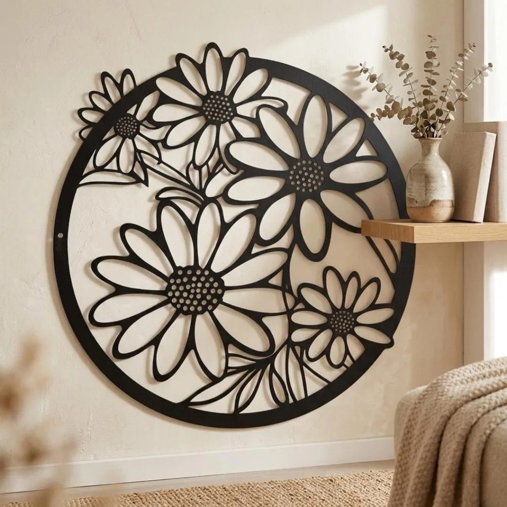 CIFBUY Black Daisy Iron Metal Wall Art, Powder-Coated Botanical Hanging Decor & Garden Patio Bedroom Indoor Gift Ornament
