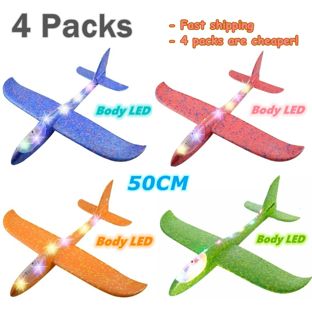 

4Packs 50CM Foam Plane Kits Flying Glider Toy With LED Light Hand Throw Airplane Sets Outdoor Game Aircraft Model Toys For Kids