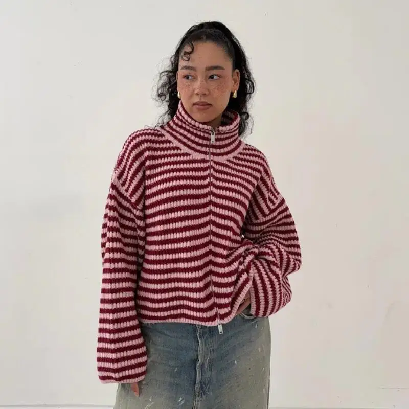 

French Cardigan Sweater Knitted Women Loose Fit Spring and Autumn Gradient Stripe Half High Neck Zipper Fashion Cardigan