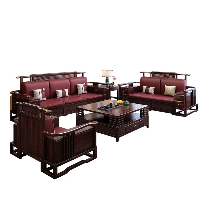 New Chinese Black Gold Wood Sofa Living Room Villa Large Solid Wood Sofa Winter and Summer Dual-purpose Storage  Large Sofa