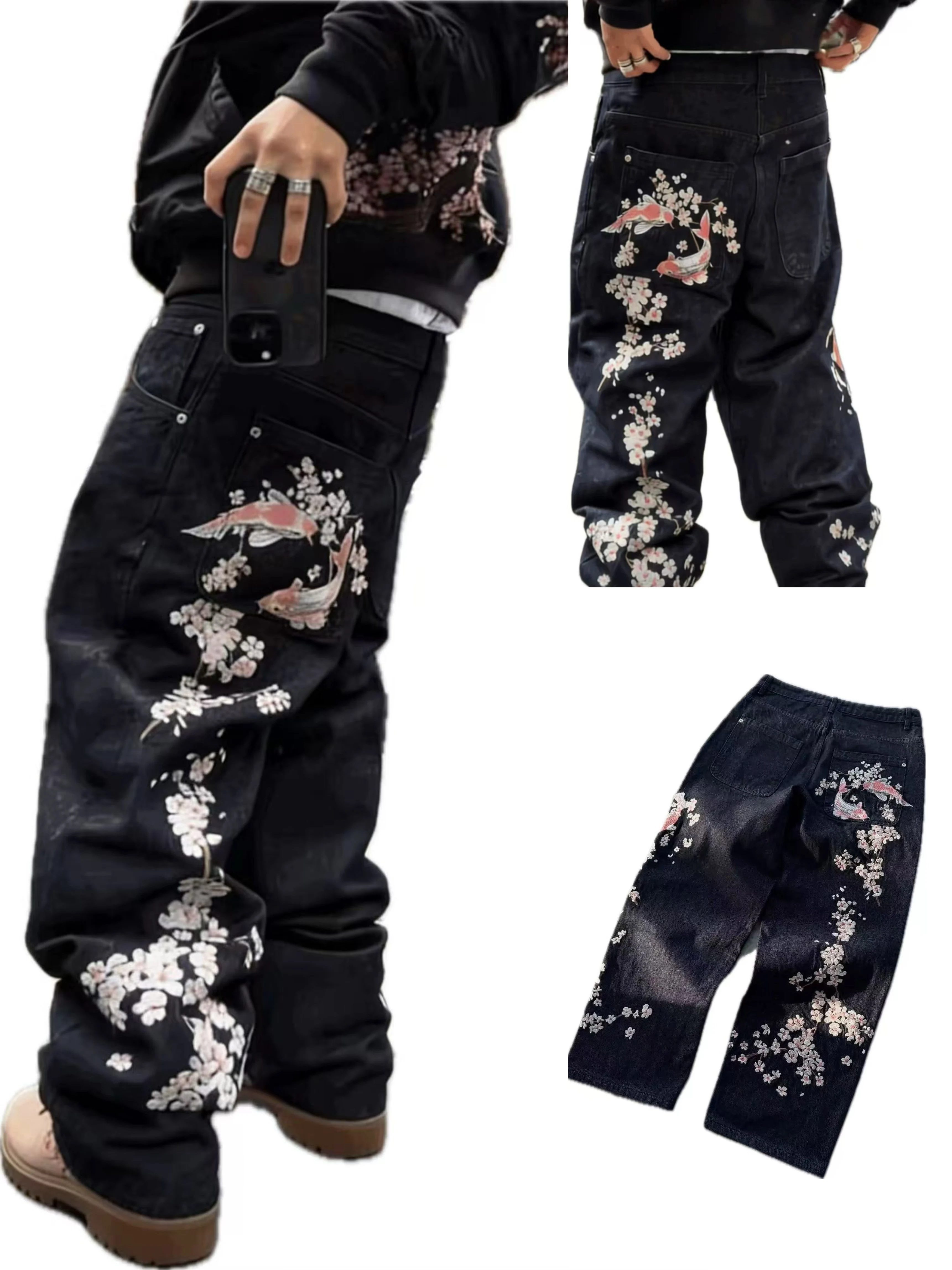 New Sakura Carp Embroidered Jeans Y2k Harajuku Retro Men and Women Loose Street Style Trousers Gothic Punk Casual Straight Jeans