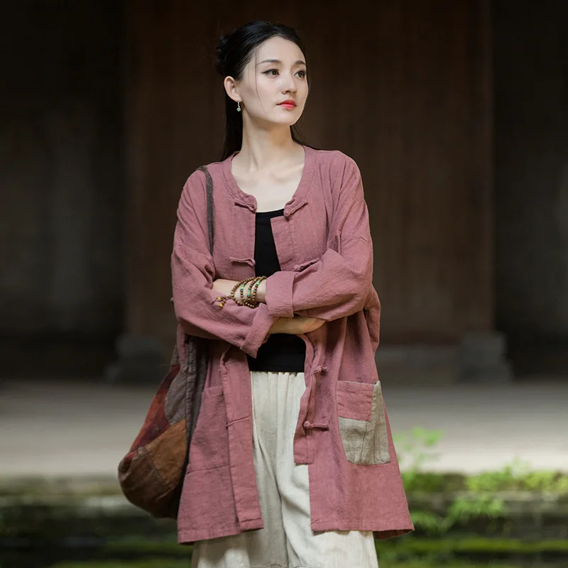 Fall 2025 original ramie linen open-front coat. Zen-Nomad style artistic women's outerwear.