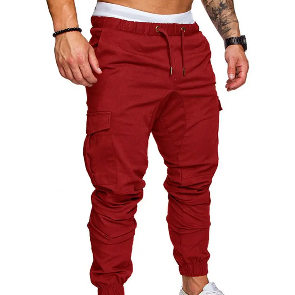 Men Skinny Cargo Pants Solid Color Pockets Drawstring Ankle Tied Sports Running Pants Gym Fittness Training Pants Men\'s Clothing