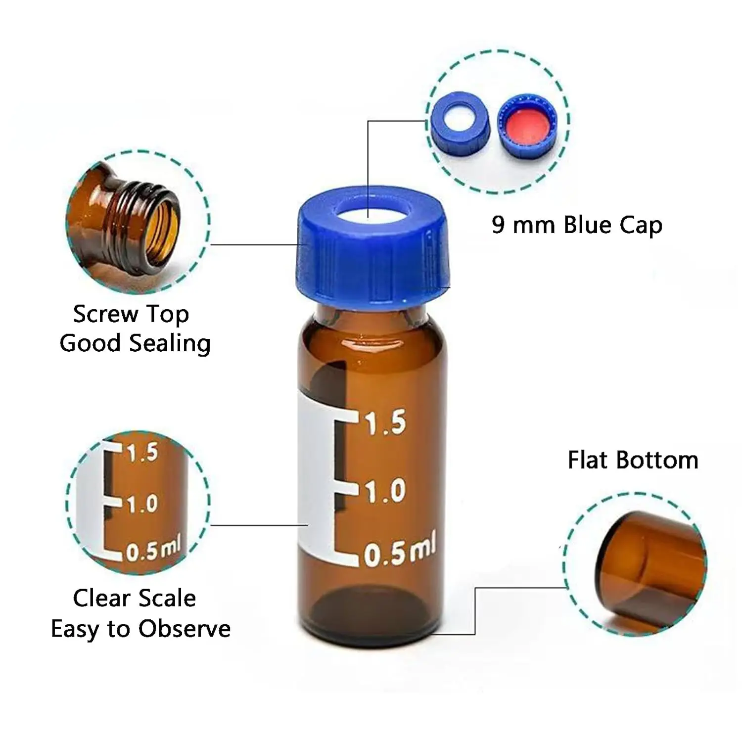 2mL Autosampler Vials, Amber 9-425 HPLC Vials with Screw Cap, Borosilicate Sample Vial with Writing Area and Graduations, 100Pcs