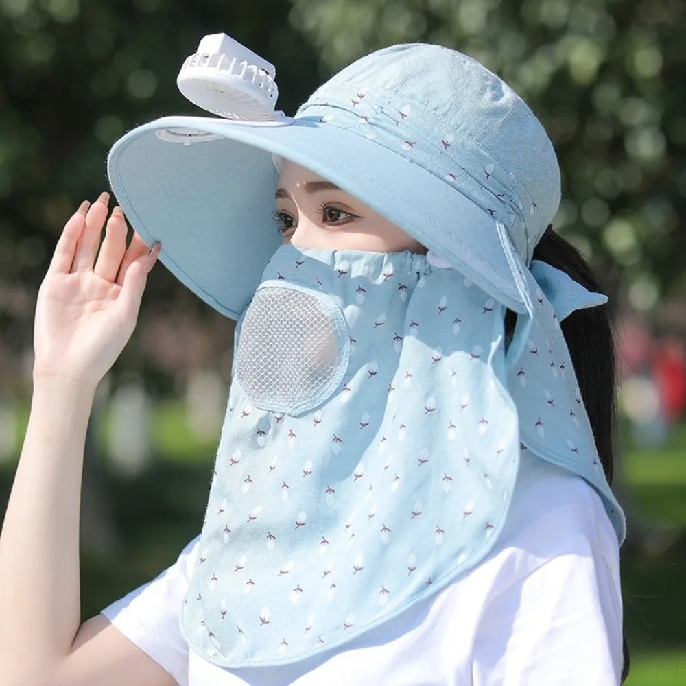 Windproof Electric Fan Bucket Hat Full Face Cover UV Protection Tea Picking Hat With Neck Flap Sunscreen Women Sun Hat Hiking