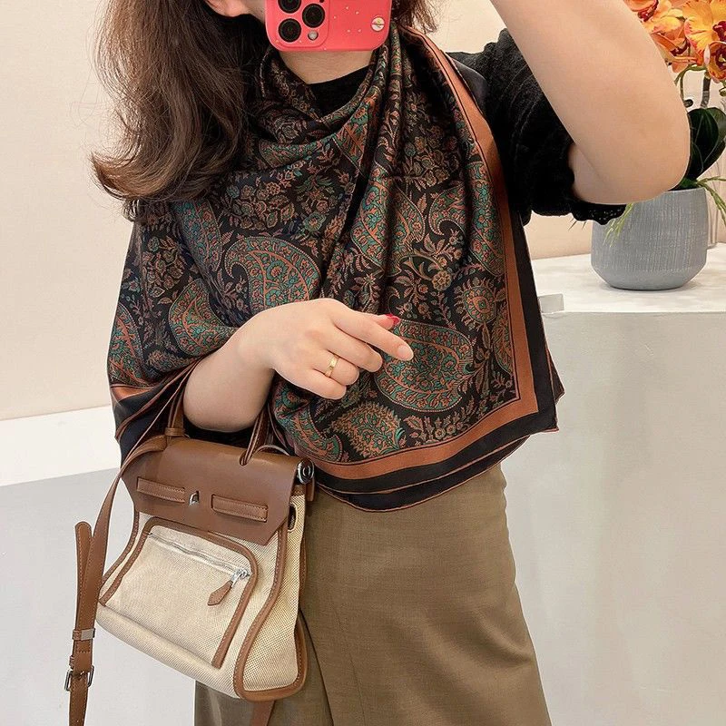 Paisley Print Square Scarf Vintage Imitation Silk Shawl Scarf Elegant Cashew Pattern Women Windproof Outdoor Head Wrap 110*110cm